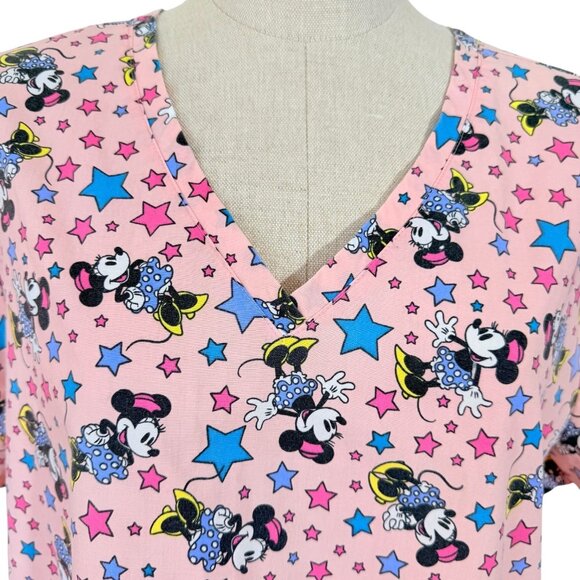 Disney Tops - Disney Minnie Mouse Scrub Top Pink Stars V-Neck Medical Nursing Size L Cartoon